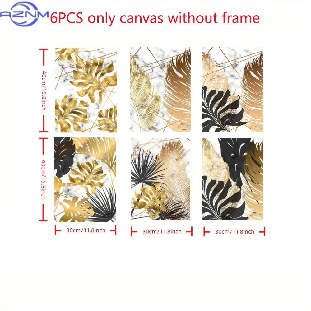 6pcs Frameless Abstract Art Canvas Set in Style, Featuring Modern Nordic Minimalist Floral Designs. This Golden Leaf Art Poster