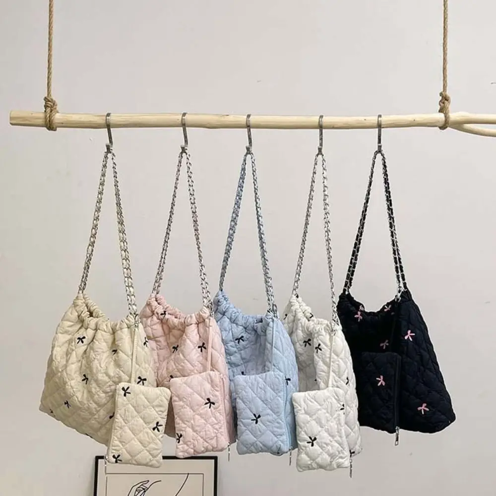 

Korean Style Space Cotton Underarm Bag Bow Printing Plaid Rhombic Lattice Handbag Solid Color Tote Bag Bubble Cloud Bag Girls