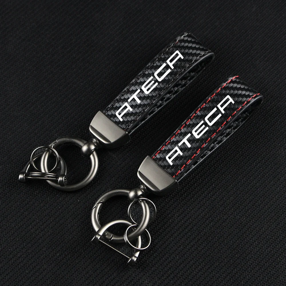 Carbon Fiber Leather Rope Car Keychain Alloy Key Chain Pendant Keyring Horseshoe Buckle for ATECA CUPRA E-RACER FR Accessories