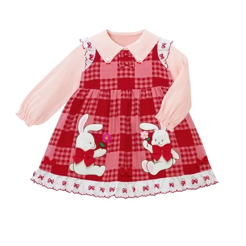 Princess Dress for Girls 2023 Japanese Style Girl Cartoon CS Rabbit Bow Lace Plaid Dress Strap Skirt