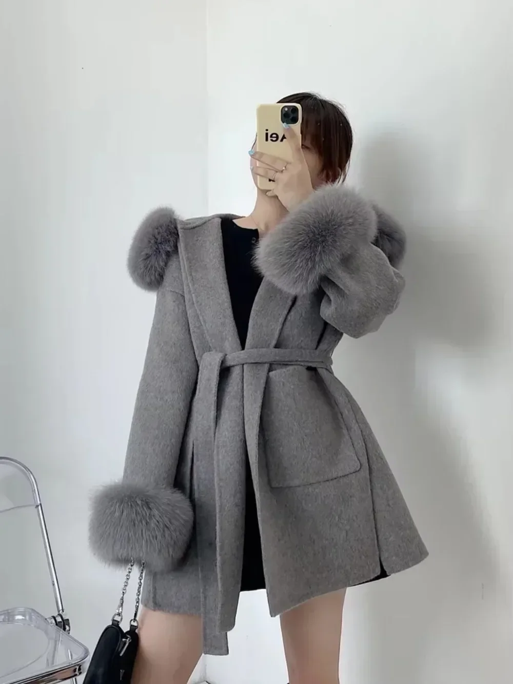 2024 New Woolen Coat Oversize Ladies Outerwear Winter Women Natural Fox Fur Collar Cuffs Jacket Hood Cashmere Wool