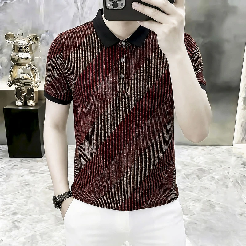Designer Striped Coolness Men's Polo Shirts Short Sleeve Slim Fit Summer Quality Silky Comfortable Trendy Social Polos De Hombre