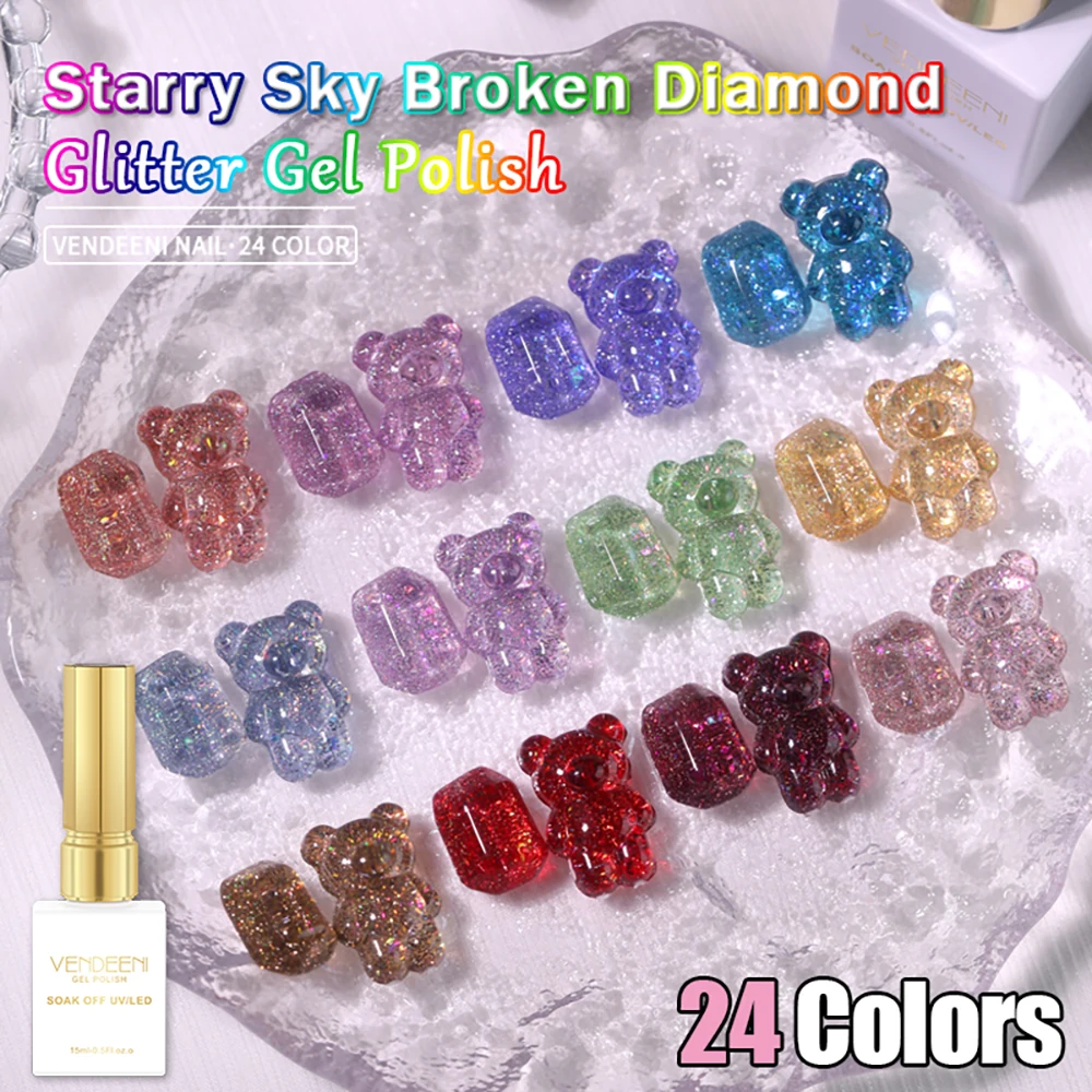 Vendeeni 24 Colors/Set Starry Sky Glitter Gel Nail Polish Semi Permanent Reflective Flash UV Soak Off Gel Varnishes With Display