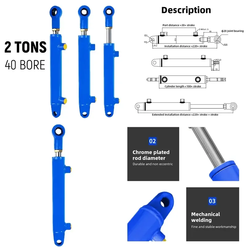 2 Tons 40 Bore Single Bidirectional Hydraulic Cylinder for Forklift Truck Custom Pump Station Engineering Lifting Cylinder