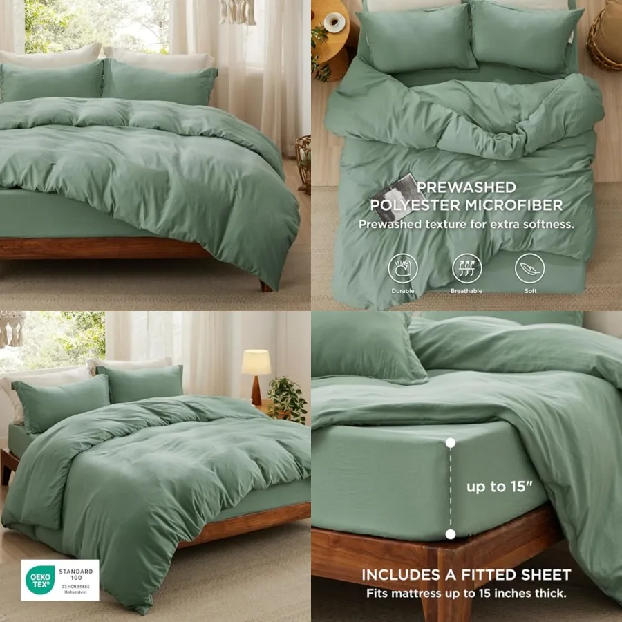 

Duvet Cover Queen Size with Fitted Sheet - 4 Pieces Prewashed Cotton-Like Polyester Extra Soft Bedding Set, Includes 1 Duvet Co
