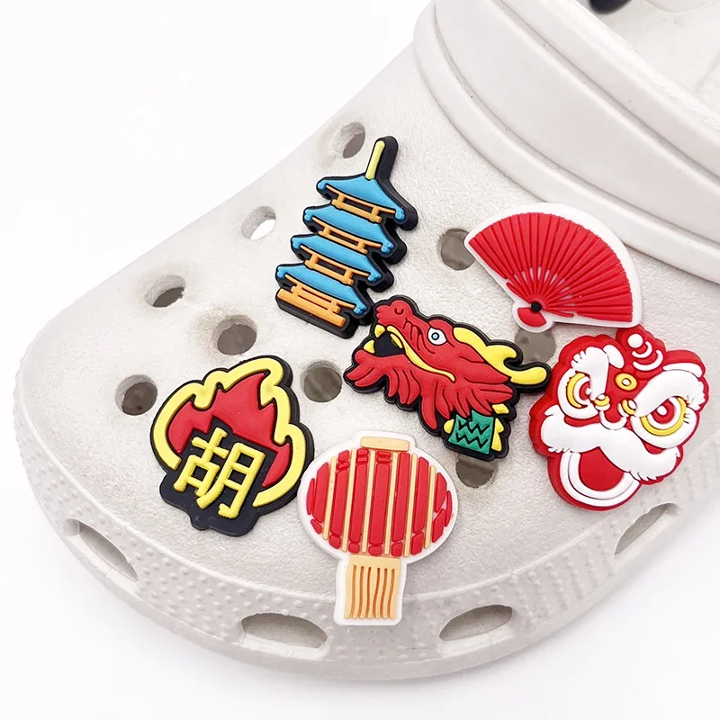 1Pcs Chinese Red Style PVC Shoe Charms Accessories Lion Dance Mahjong Shoes Upper Pins Decoration Sandals Buckle Kid Party Gift