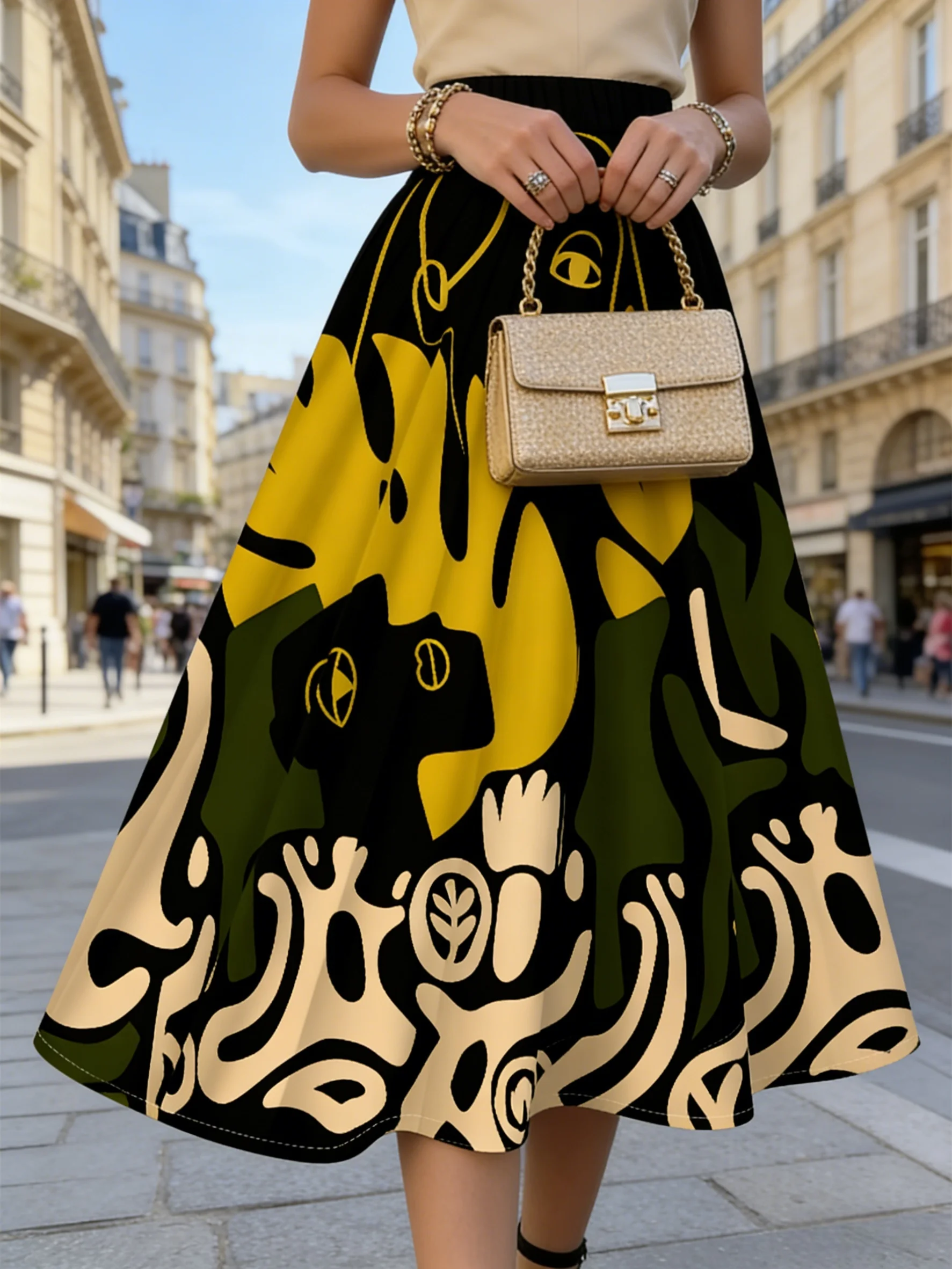 

Женская юбка миди с высокой талией, А-силуэта, для летнего отдыха, с тропическим принтом, плиссированная, струящаяся, для вечеринок, офиса, повседневной носки, рабочая одежда