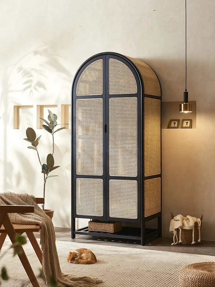 Premium solid wood rattan woven wardrobe storage cabinet Small unit retro homestay arched storage wardrobe