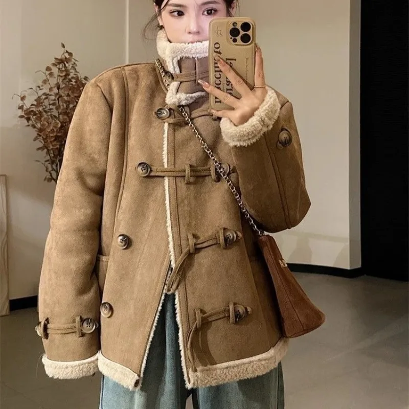 Vintage Winter Shearling Bontjassen Vrouwen Suède Jas Elegtant PU Leer Bomber Jassen Outerwears Mode Vrouwen Winter Kleding