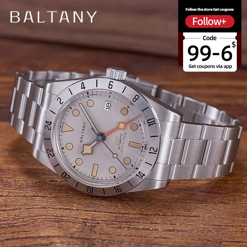 Baltany GMT Sport Watches S6073 NH34 Bracelet 39mm Fixed Bezel Stainless Steel Lumin 20ATM Waterproof Vintage Style Wristwatch