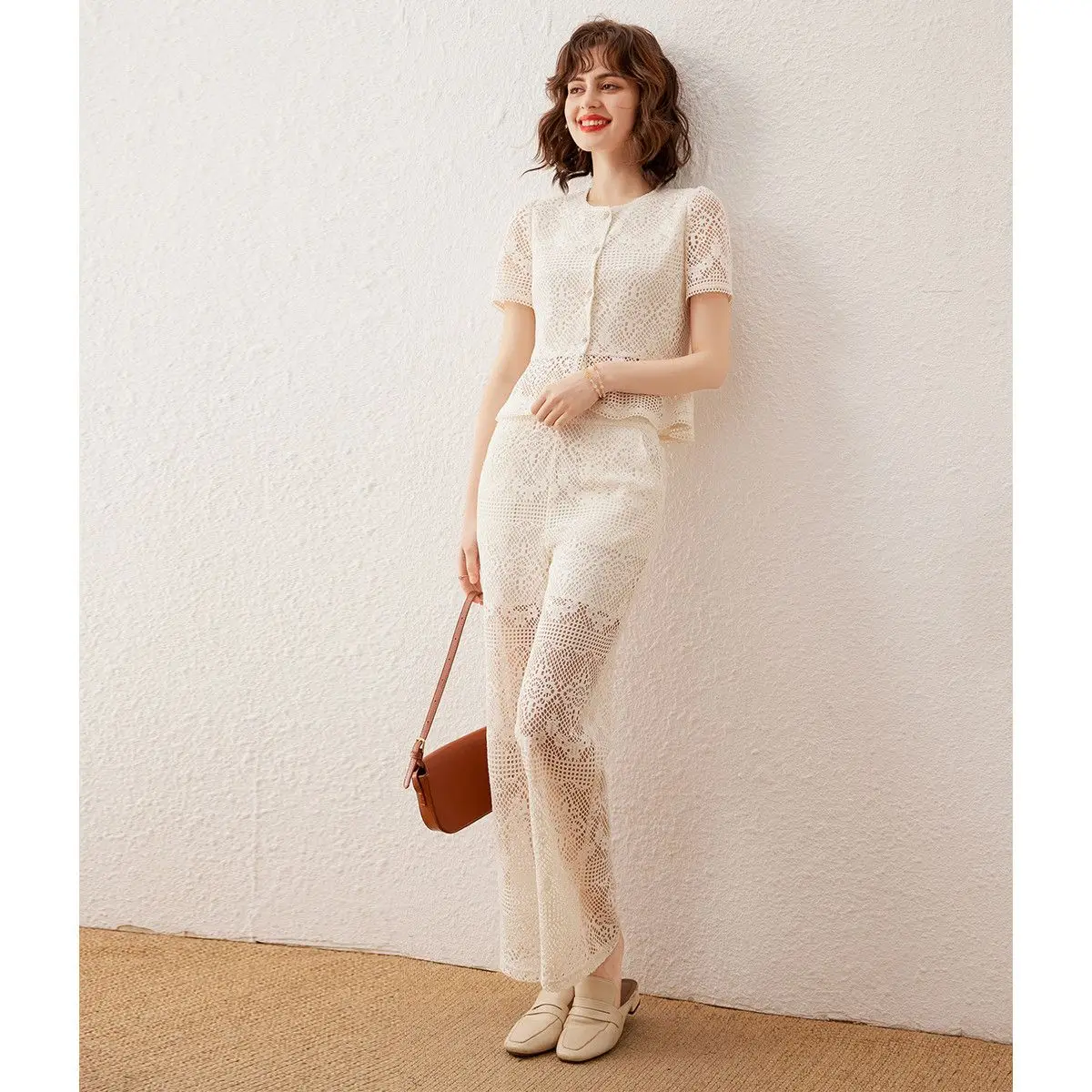 Hollow Flower Transparent Two-Piece Set Elegant round Neck Short Sleeve Jacket Trousers Women's Fashion Suit