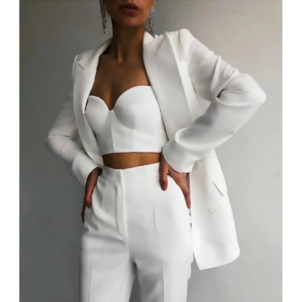 3 pçs ternos femininos para feito sob encomenda blazer branco + sutiã superior + calça casamento tuexdos formal escritório festa de noite quente menina roupa jaqueta