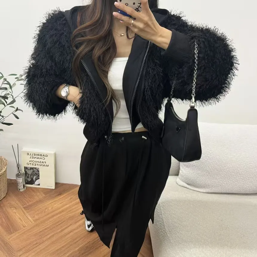 Women's Winter Thickened Short Coat Hooded Furry Zipper Fashionable Versatile Loose Fit Youth Style Long Sleeve Commute Wind