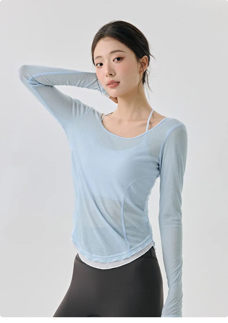 Leichte, leicht transparente Yoga-Tops für Damen, Herbst, locker geschnitten, Fitness-Gym, langärmeliges Sport-Top, großer U-Ausschnitt, Lauf-Workout-Anzug – Detail 8