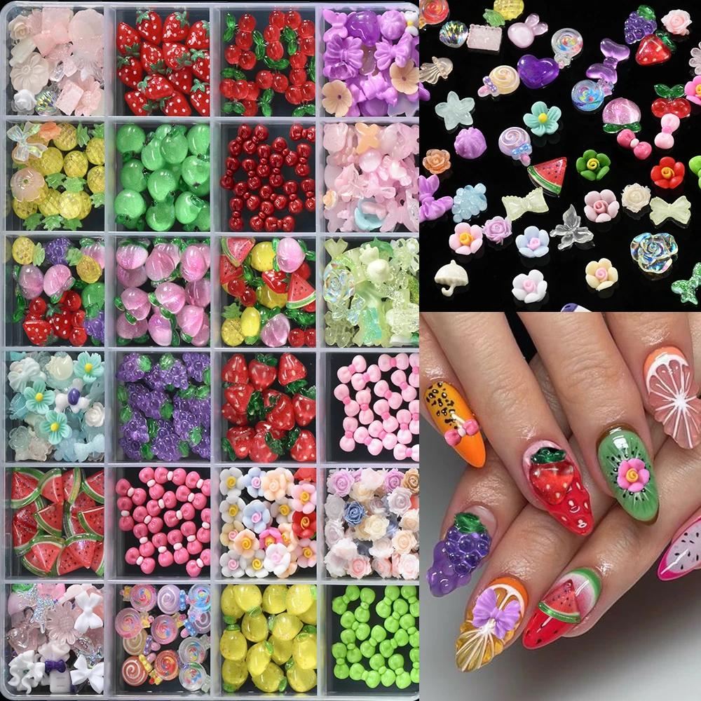 

24 сетки/1 коробка, разноцветные смолы, фруктовый бант, цветок, подвески для ногтей, 3D милый леденец, мед, персик, вишня, аксессуары для дизайна ногтей