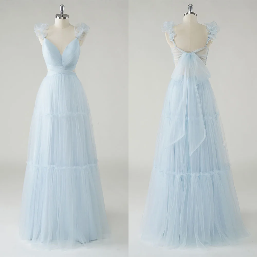 

High Quality Customized V-neck Floor Length Backless Pleat Sleeveless Vestidos Para Bodas Mujer Invitada Robes De Soirée فستان