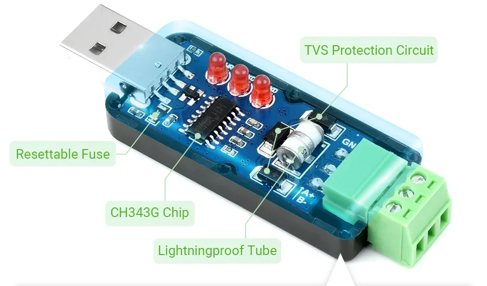 Waveshare Industrial USB TO RS485 Bidirectional Converter, Onboard original CH343G, Multi-Protection Circuits
