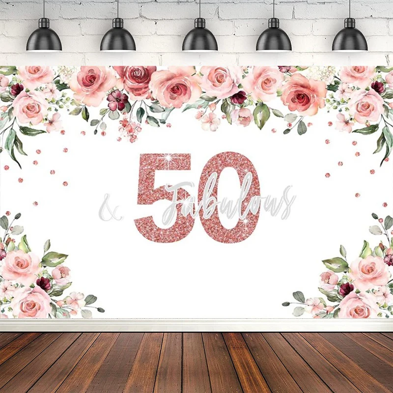 Photography Backdrop Watercolor Flower 50th Fifty Birthday Party Banner Rose Gold Photo Background Poster