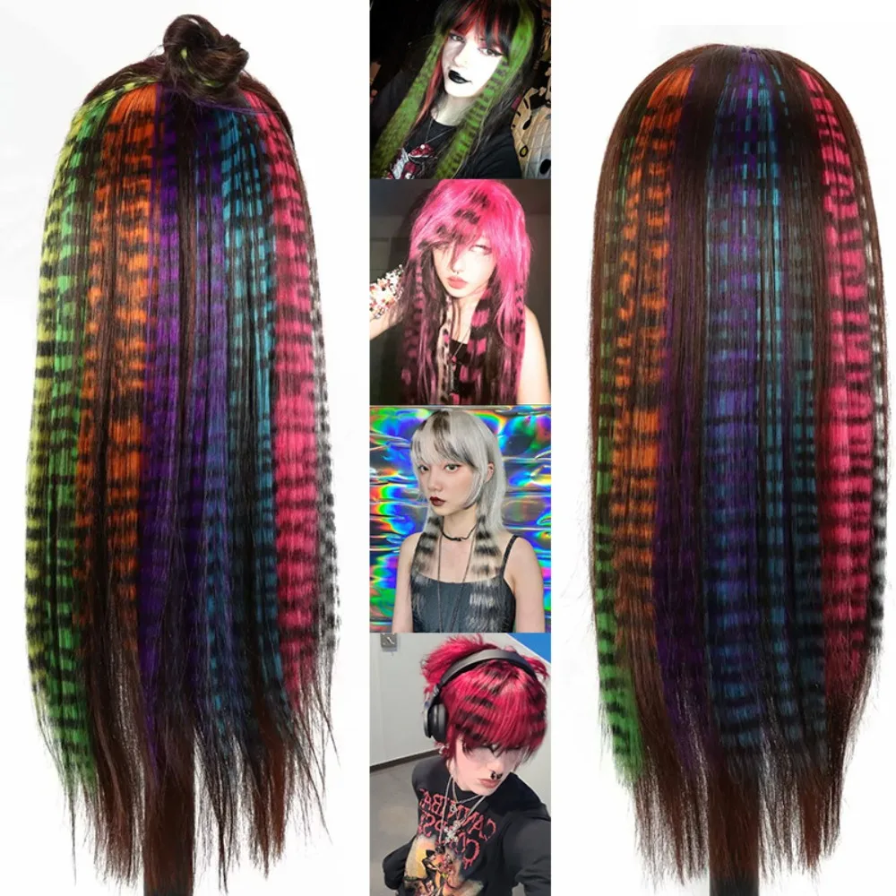 

Рождественские заколки с принтом в полоску для наращивания волос, красочные синтетические волосы, прямые 18-дюймовые парики, шиньоны для девочек