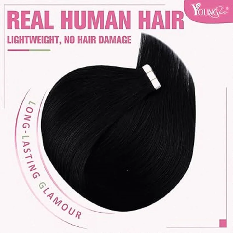 YoungSee Tape in Hair Extensions Real Human Hair Pure Color Natural Straight Hair For Woman 12-24inch