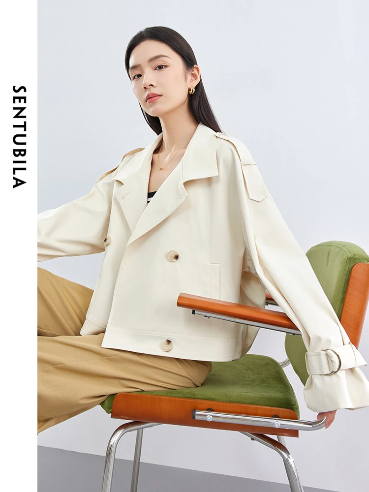 SENTUBILA Cropped Trench Coat 2026 Spring Simple Lapel Double Breasted Apricot Loose Windproof Jacket Outerwear Woman 141F52904