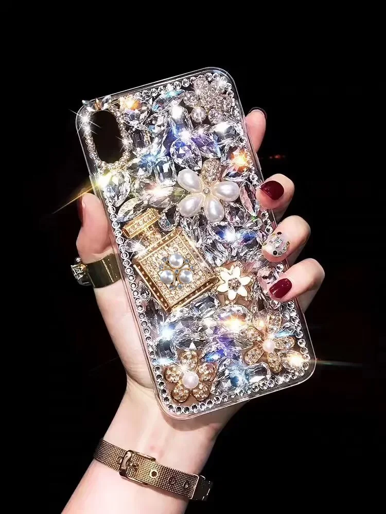 Luxury Diamond Perfume Bottle Phone Case For SamsungA35 A55  A22 A32 5G A52 A71 4G A51 A72 A73 Pearl Flower Soft Shell Capa