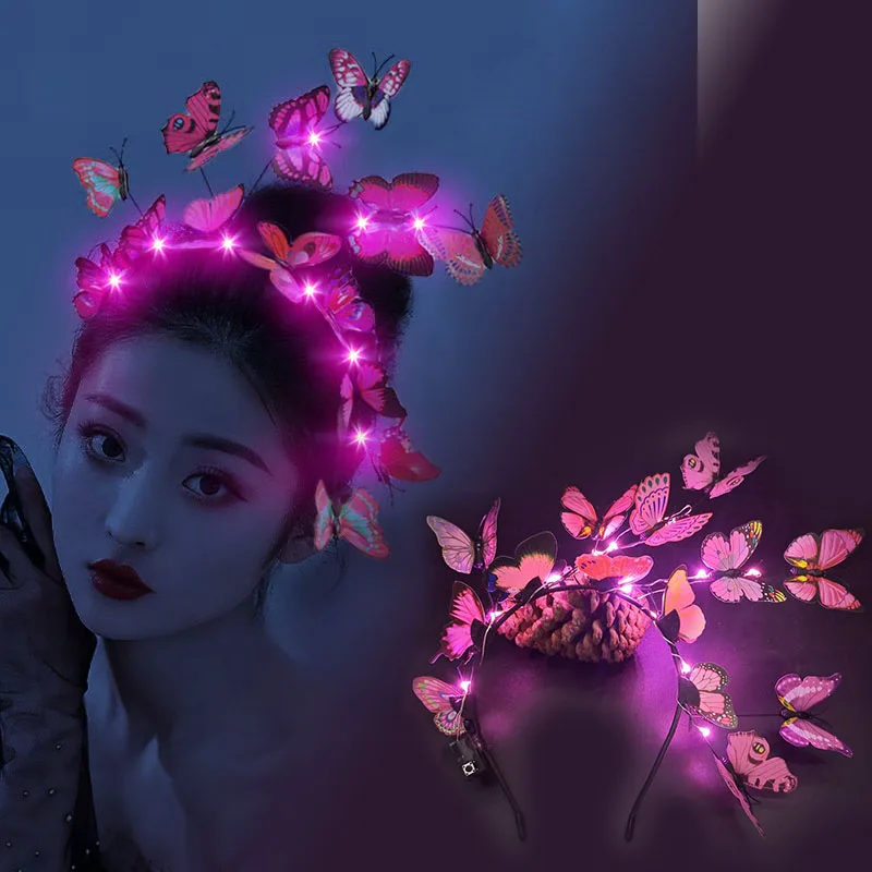 Glowing LED Light up Butterfly Fascinator Headband Bohemian Hair Band Hoops Colorful Headpiece for Party Wedding Christmas