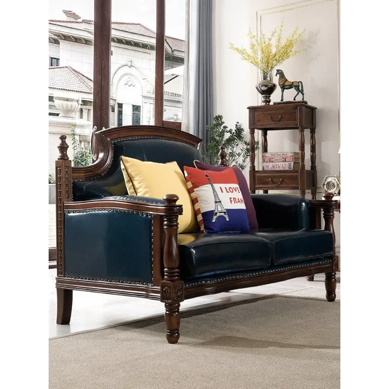 American solid wood sofa leather first layer cowhide sofa three-person simple beautiful country style living room retro furnitur