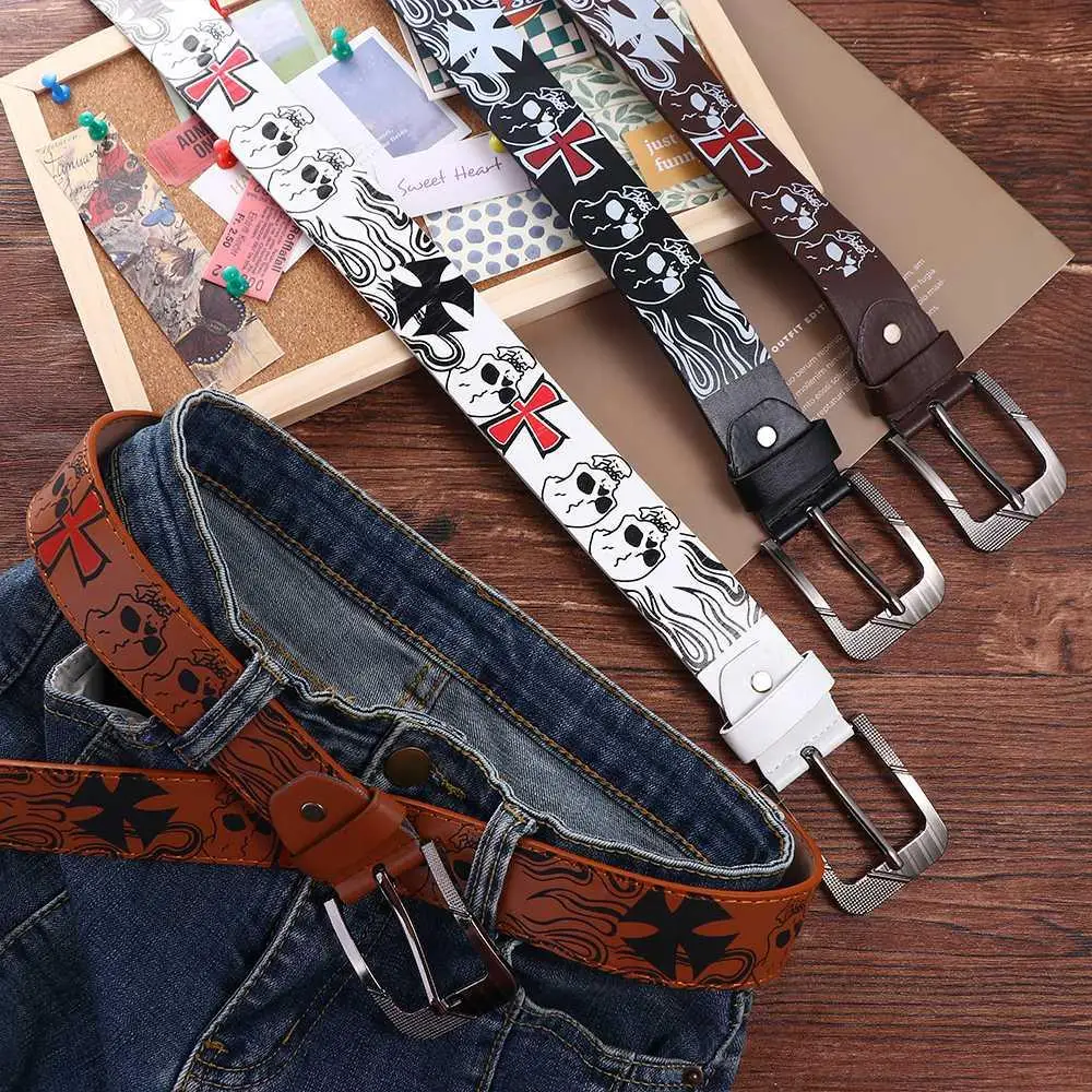 Pattern Y2K For Men Punk Style Cross Pin Buckle Casual Belt Accessories Female Waistband PU leather Belt Korean Waist Strap