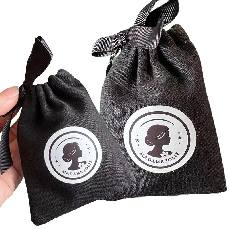 Black Cotton Ribbon Gift Bags 5x6cm 7x9cm 8x10cm pack of 50 Custom Canvas Logo Dust Sack