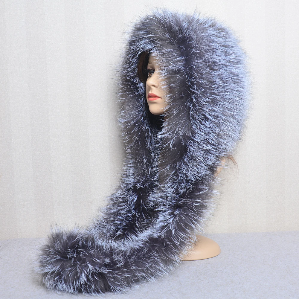 Hot Sale Fox Fur Hood Volume Hats For Women Winter Warm Novelty Knitted Fur Scarf Hat Fashionable Genuine Large Female Fur Hat