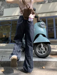 HOUZHOU Vintage Korean Style Plaid Pants Women Harajuku Streetwear High Waist Checkered Trouser Dongdaemun High Quality Clothing