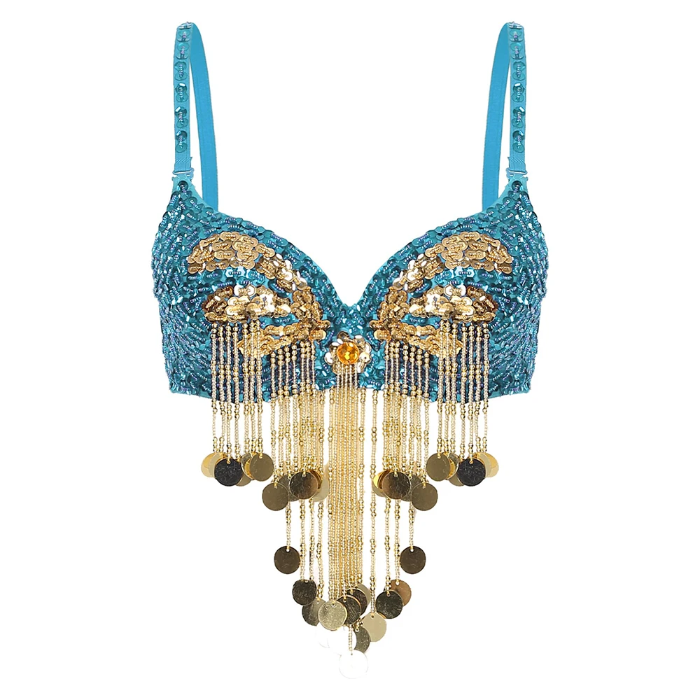 Top da donna con nappe glitterate con perline e paillettes per danza del ventre, festival musicali, club, costume da ballo, spalline regolabili, reggiseno lucido con ferretto