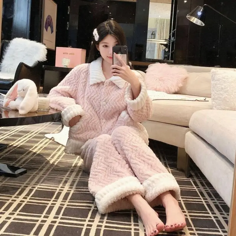 

Winter Flannel Pajamas Set Women Thick Warm Fleece Loungewear Homewear Casual Outfit Solid Color Sleepwear Cute Kawaii Nightwear