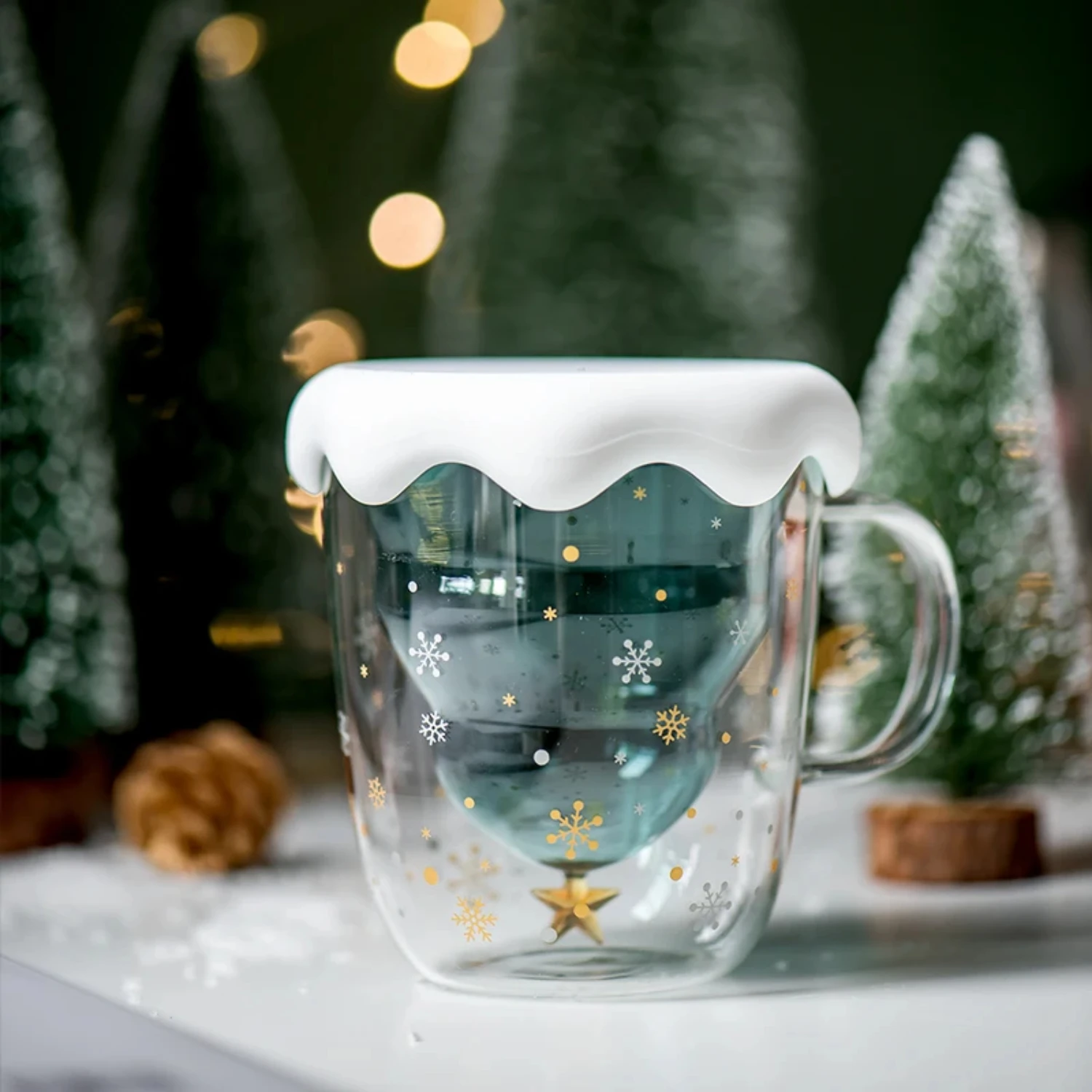 High Temperature Resistance Double Walled Glass Coffee Mug 3D Christmas Tree Star Wishing Cup Home Travel Mug Fun Drinking Glass