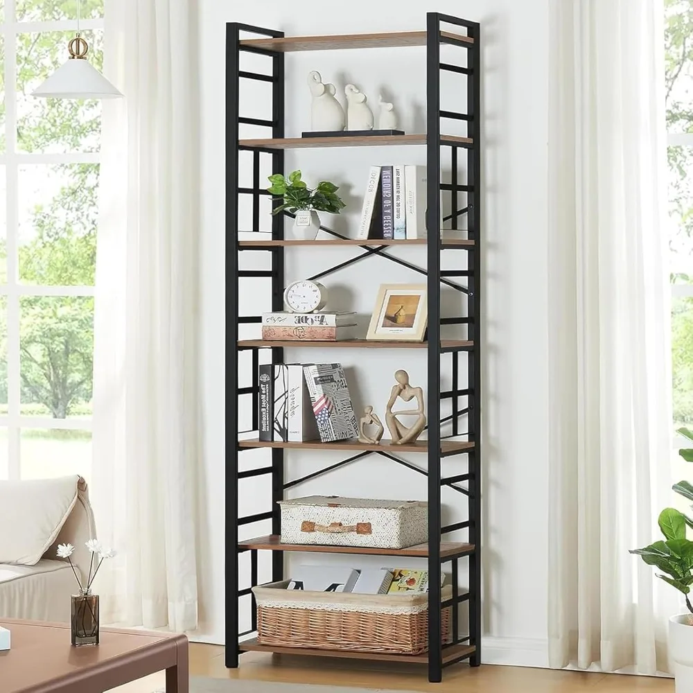 رف كتب عالي التحمل مكون من 7 طبقات على الطراز الصناعي، بطول 84 بوصة مع إطار معدني وأرفف مفتوحة #3