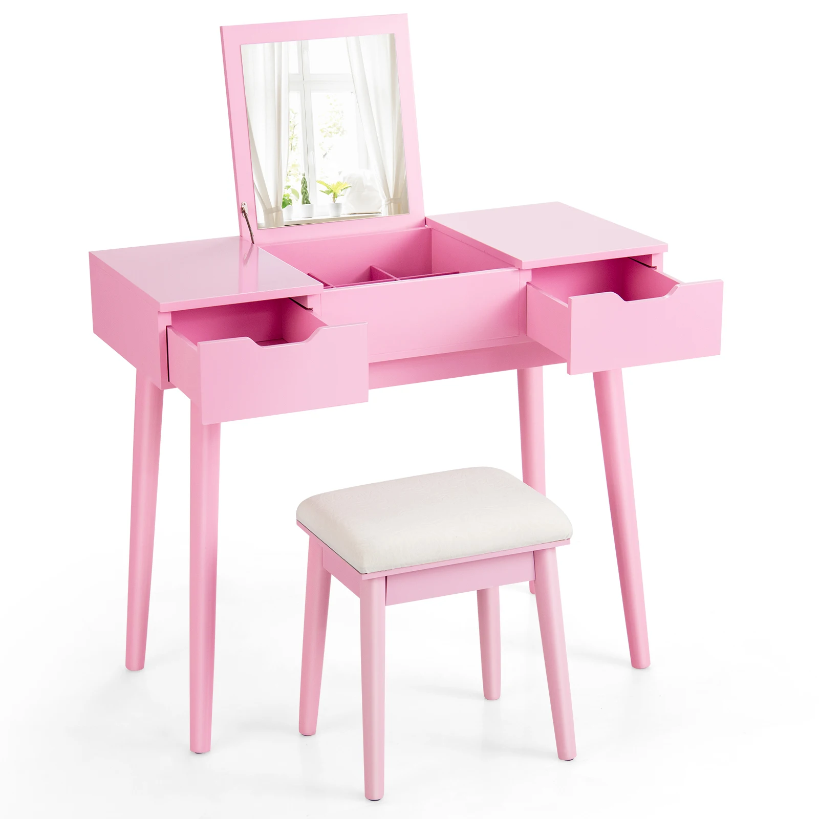 Vanity Table Set w/ Flip Top Mirror Drawers 9 Dividers Makeup Writing Desk Pink