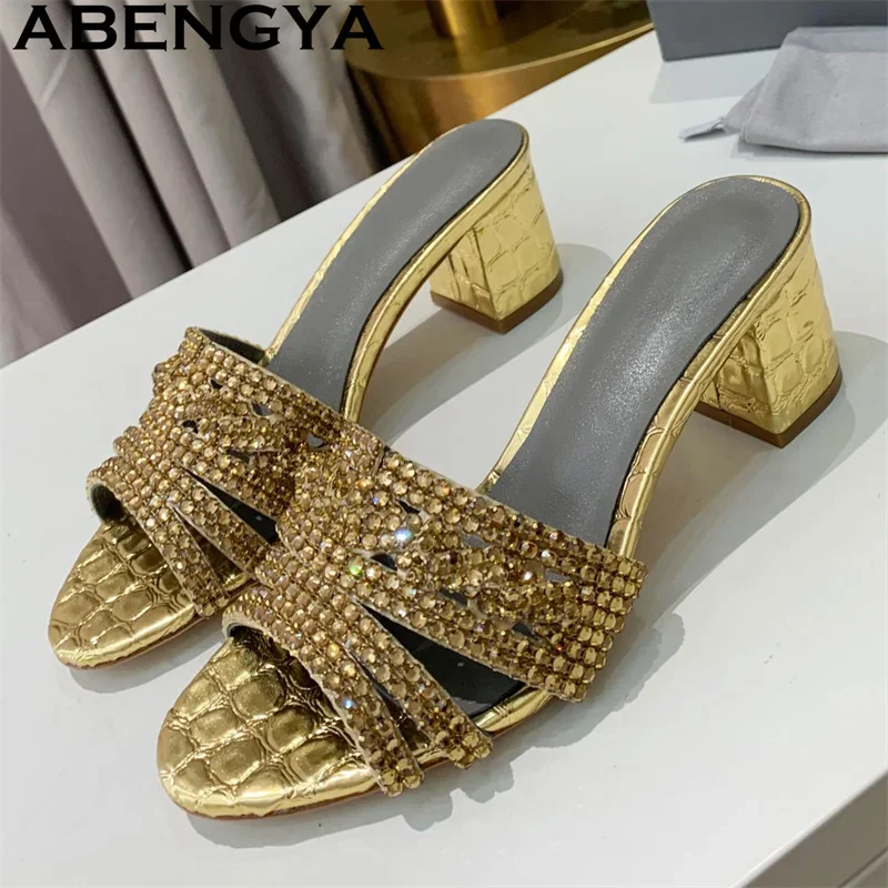 

2026 Summer Hot Sale Shiny Fish Mouth Toe Sexy Stiletto Slippers Woman Quality Sequined Thin High Heel Sandals for Women Shoes