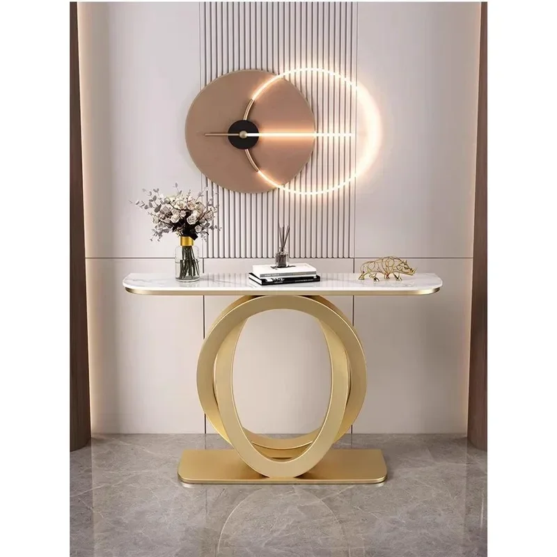 Italian Light Luxury Wrought Iron Porch Table with Rock Slab Top Simple Modern Entrance Corridor Wall Mounted Semi Circular
