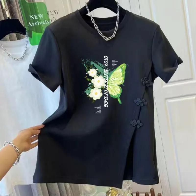 Short-sleeved women's 2024 summer cotton irregular buckle Chinese split T-shirt top splicing women's clothing