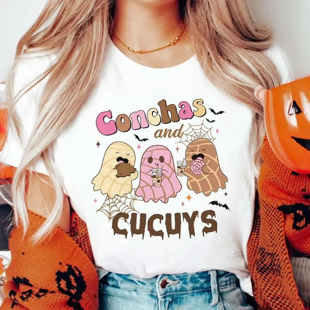 Conchas And Cucuys Spooky Mexican Conchas Aesthetic T-Shirt Fashion Style Summer Short Sleeved Printed O-Neck Street Top T-Shirt