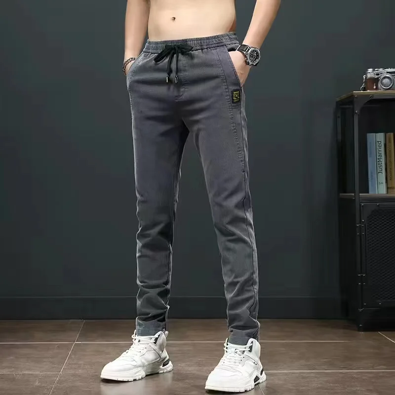 Men's Casual Wide Leg Straight Cut Jeans High Elastic Workwear Trousers Harlan Style Long Pants for Autumn Spring Summer