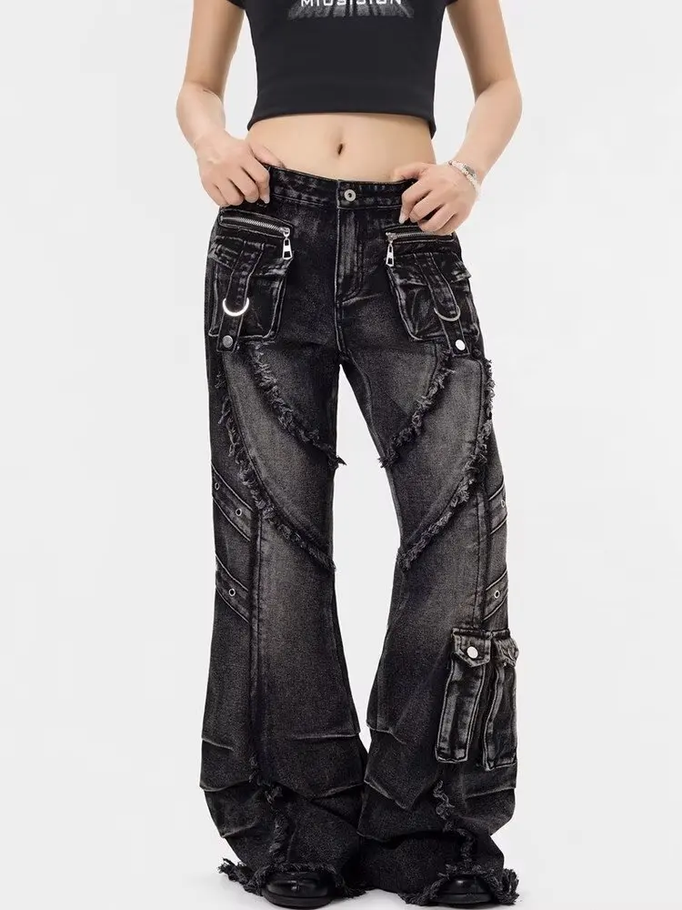 Oversized pocket washed wide leg straight leg jeans High-Waisted Tassel Design y2k Harajuku high street denim wide leg pants
