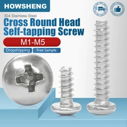 HOWSHENG 10-200pcs Cross Round Head Self Taping Screws Flat End M1 M2 M3 M4 M5 Stainless Steel Phillips Pan Head Tapping Screw