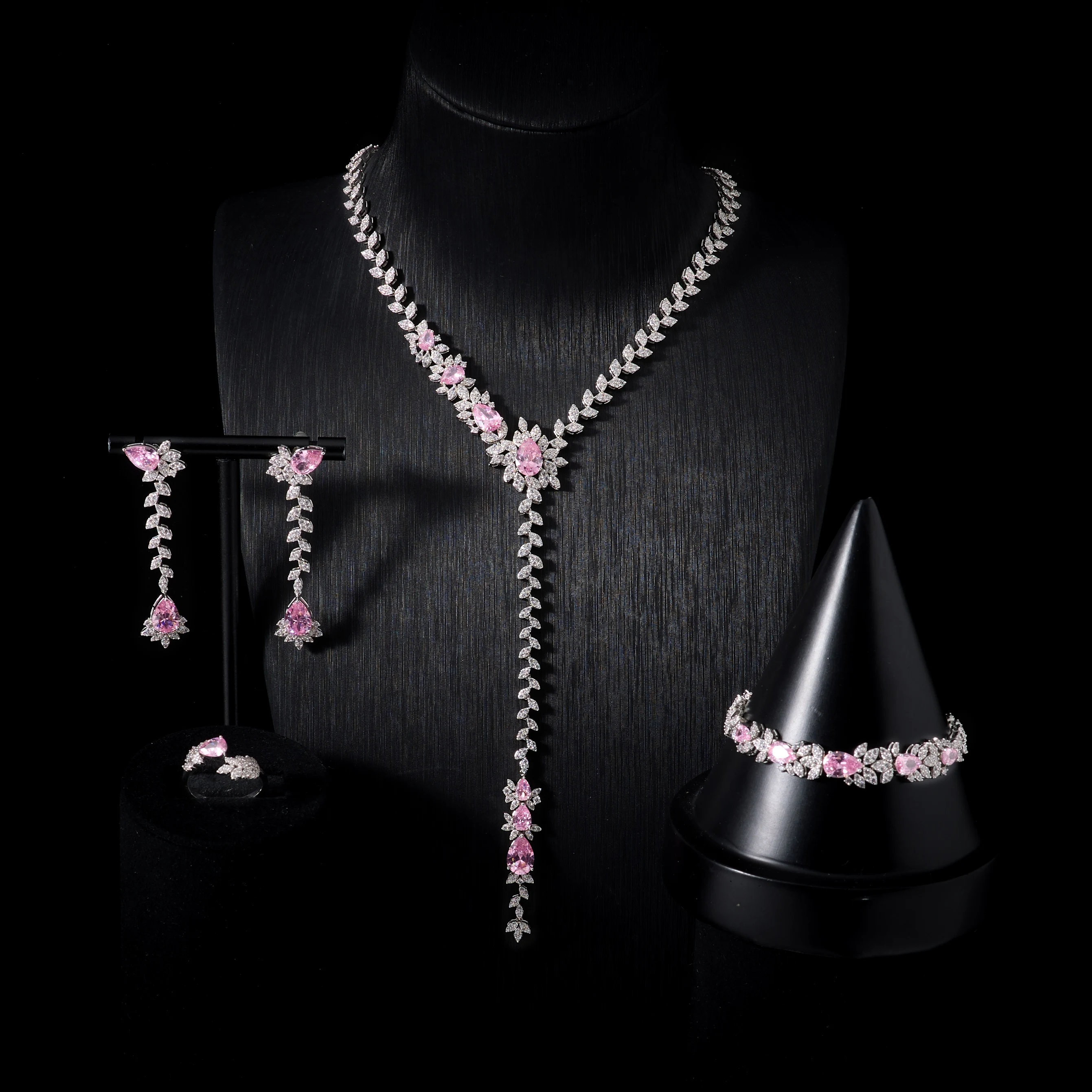 00110 Women's Luxury Wedding Jewelry Set | Pink CZ Crystal Lariat Necklace Earrings Bracelet Ring