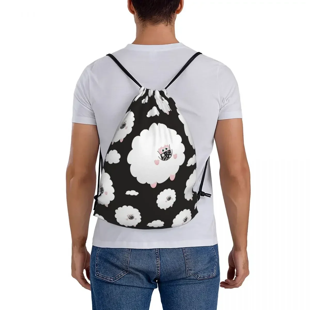 Masked Sheep In The Sky Black Backpacks Casual Drawstring Bags Drawstring Bundle Pocket Shoes Bag Book Bags For Travel Students