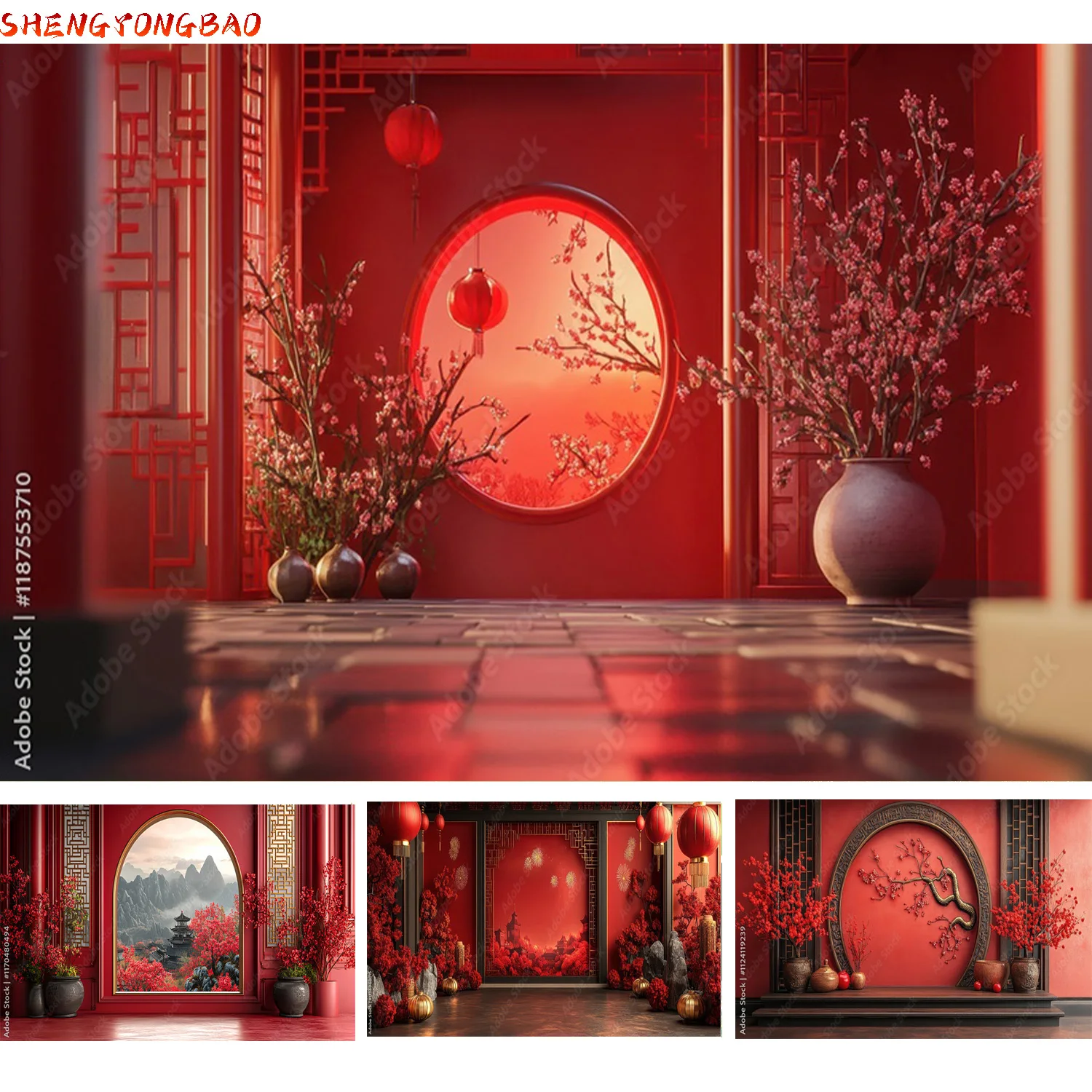 Chiński Nowy Rok Dekoracja Fotografia Tła Czerwone Latarnie Kwiaty Dekorowane Wiosna Świąteczny Wentylator Kwiat Tło TK-02