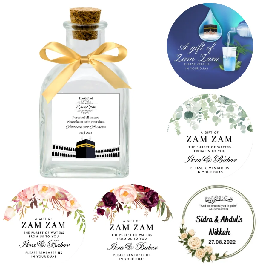 

Custom Zam Zam Water sticker Personalised Bottle Label Muslim Wedding Hajj Umrah Nikkah Umrah Mubarak Adhesive Decor Party Favor