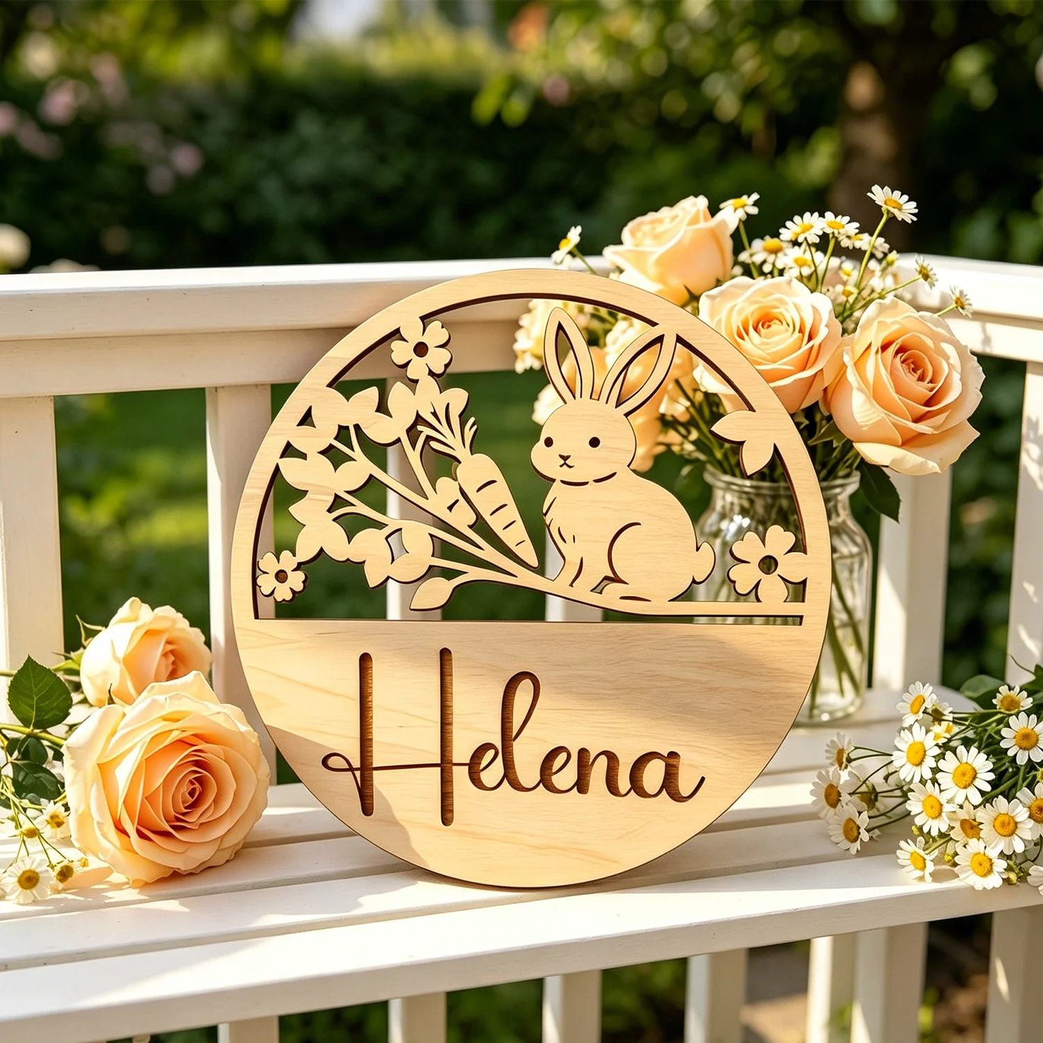 1pc Custom Round Bunny Floral Wooden Name Sign Personalized Engraved Text Wall Tabletop Home Decor Plaque