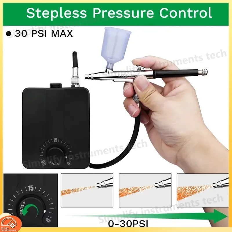 Dual Action Airbrush Kit with 30 PSI High Pressure Auto Stop Stepless Control Compressor for Model Painting Makeup Nail Art